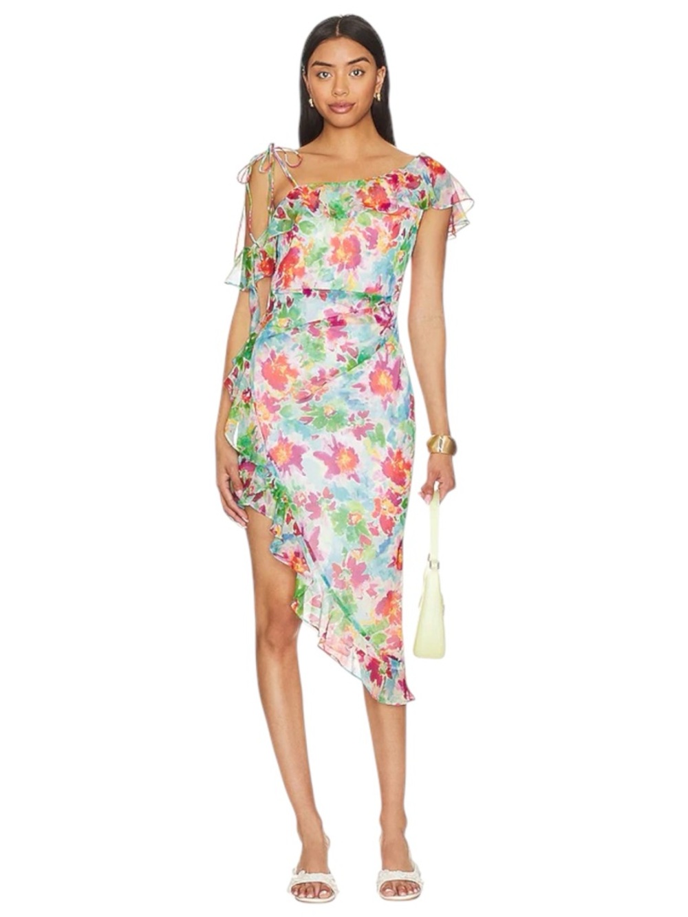 Amanda Uprichard Floral Midi Dress in Pink, Green, Yellow